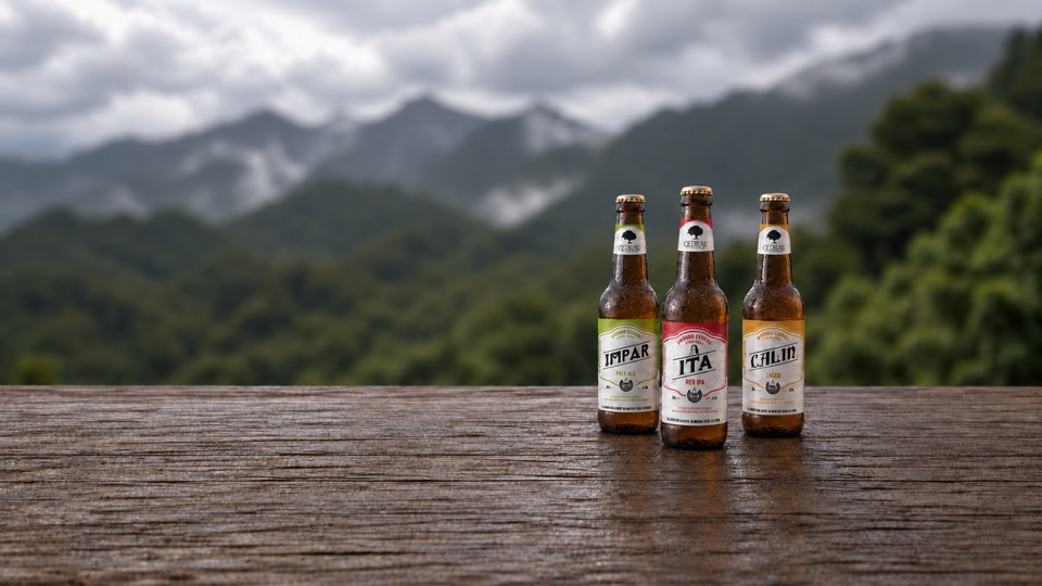 La cerveza servida. Vaso recién servido con espuma viva, botella reconocible al lado, mesa real con algo de comida, montaña o neblina detrás, luz de tarde. Tiene que dar sed antes de que nadie lea.