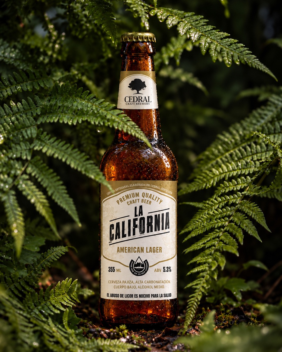 Botella entera de pie sobre piedra clara, al aire libre, con luz de mañana abierta y el verde de fondo desenfocado. Es la cerveza de todos los días: la foto tiene que ser la más luminosa y la más sencilla de las cinco.