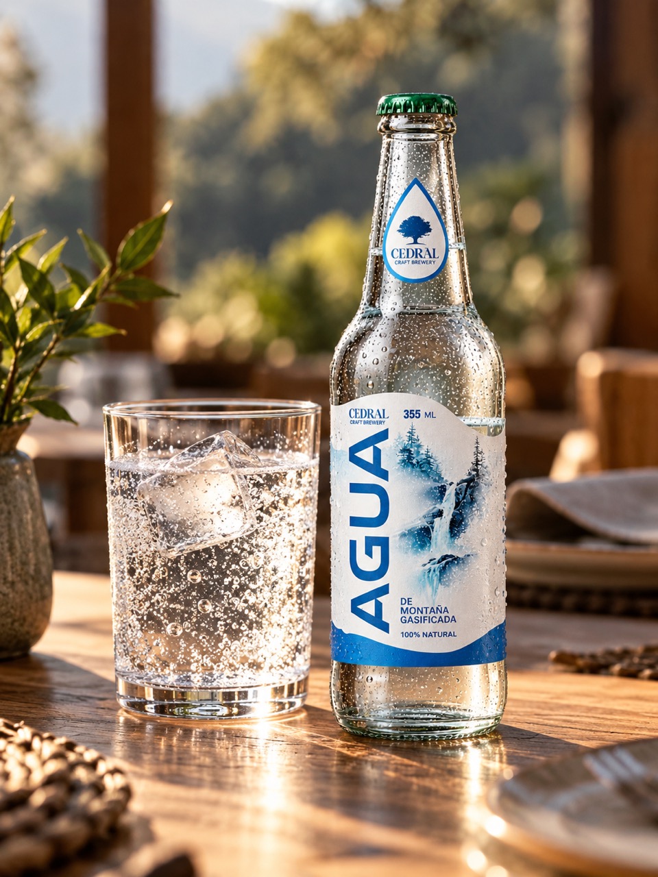 Botella fría y vaso con burbujas, en una mesa puesta.