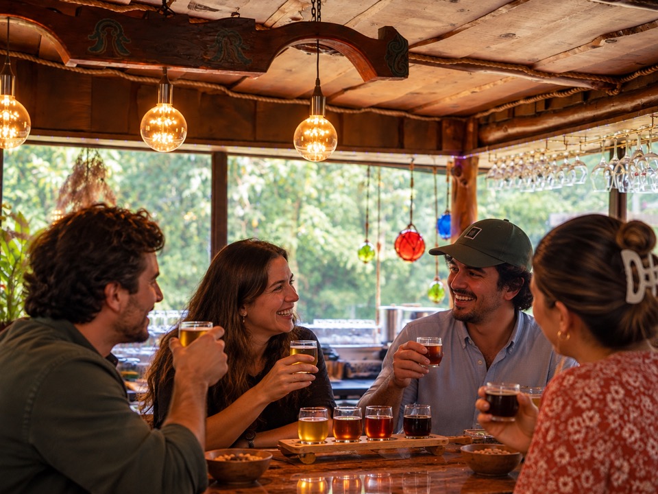 Gente en la degustación: caras, vasos, risas.